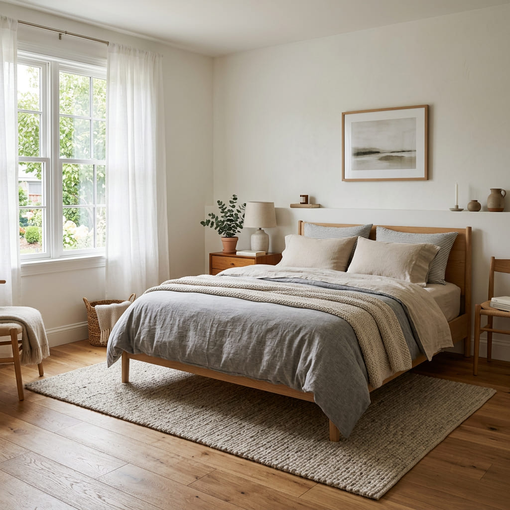 Schlafzimmer mit warmem Holzboden